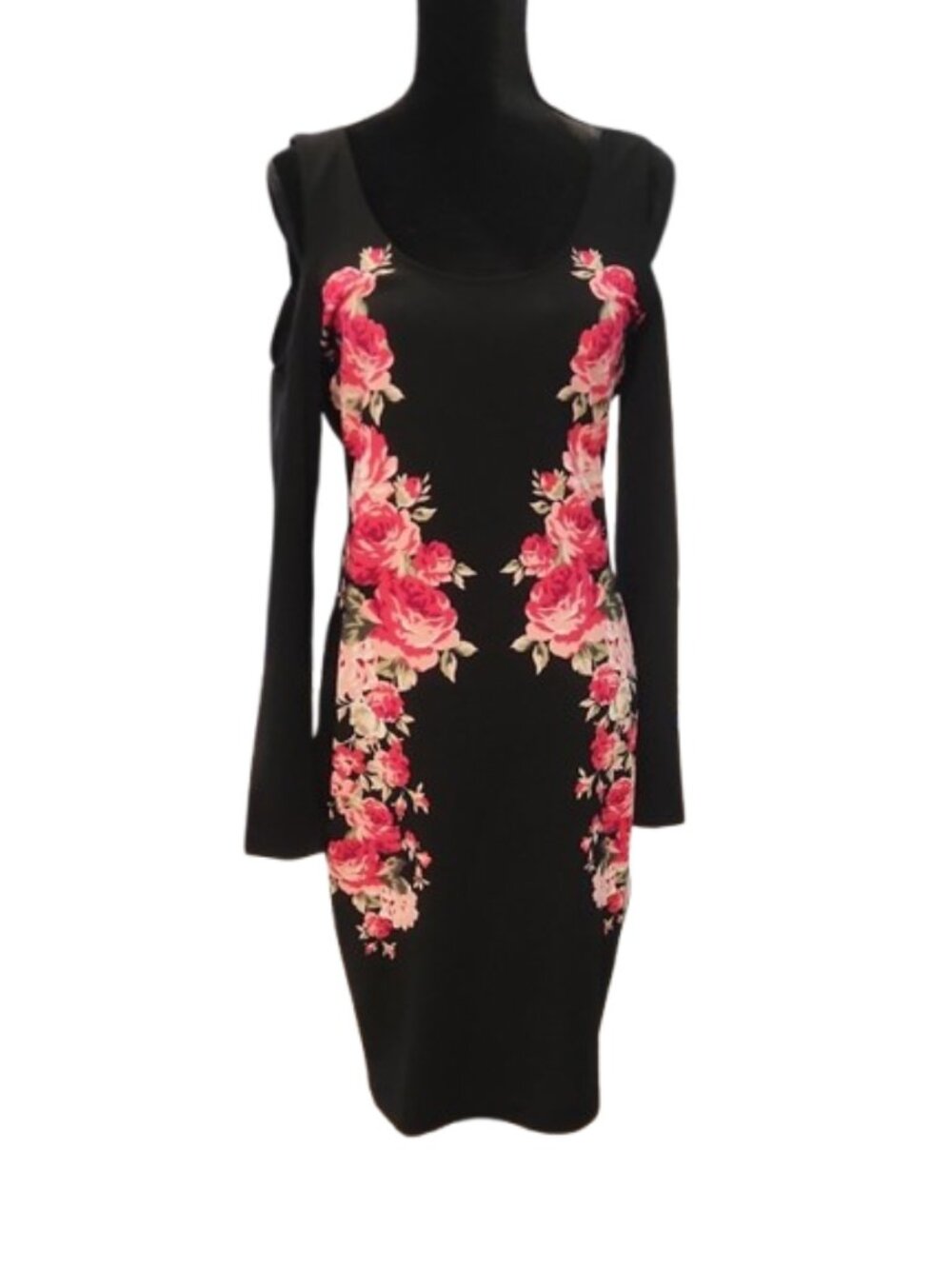 [BOLD Element] Black Floral Sheath Dress with Pink Rose Print - Size M